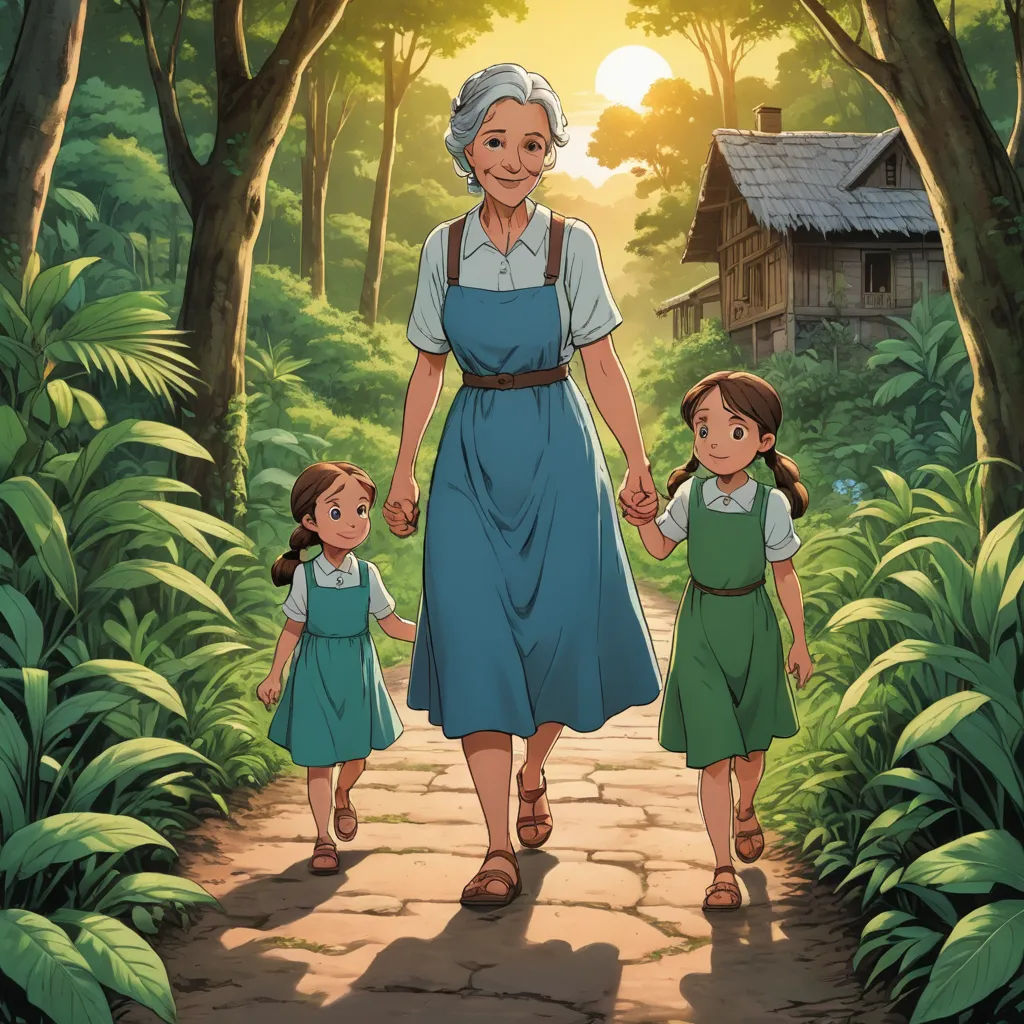 a woman and two children walking down a path in the woods with a house in the background and a sun shining through the trees, magical realism, a storybook illustration, Anne Said, ghibli