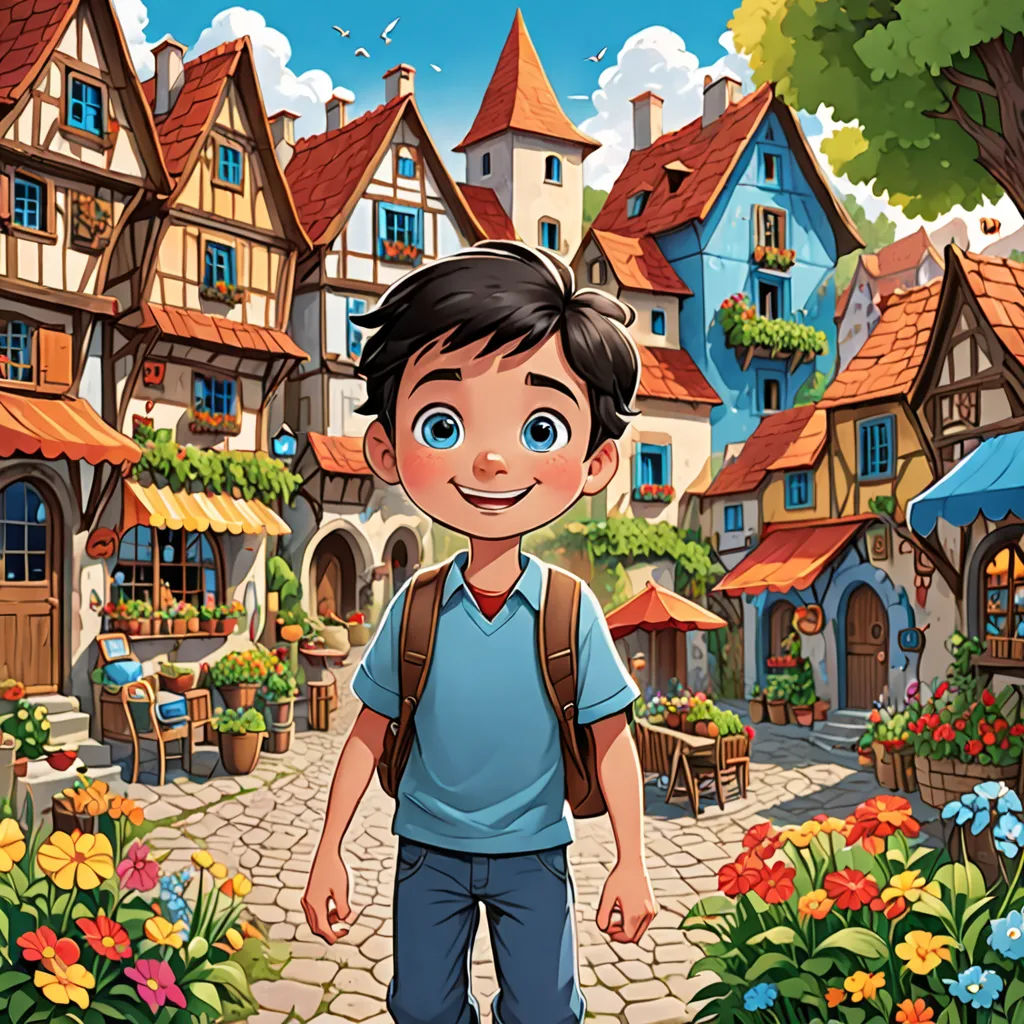 a boy is standing in front of a village with flowers and buildings on the street and a bird flying over him, american scene painting, a storybook illustration, Cedric Seaut (Keos Masons), storybook illustration