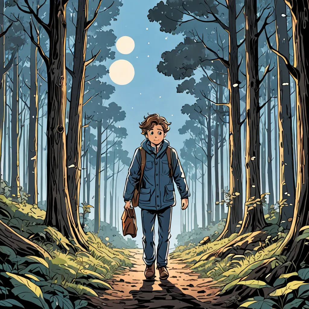 a man walking down a path in the woods at night with a full moon in the background and trees, process art, a character portrait, Asaf Hanuka, comic cover art