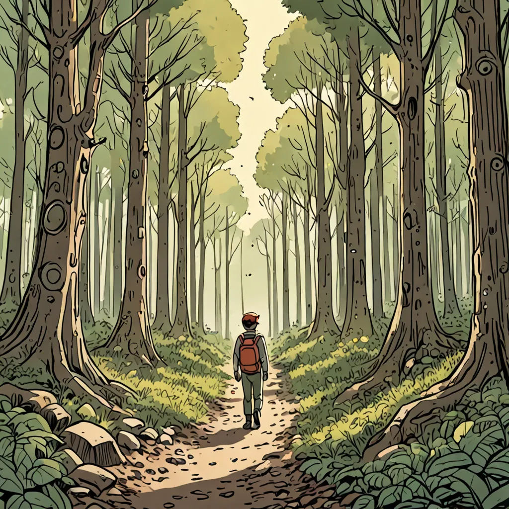 a man walking down a path through a forest filled with trees and rocks, with a red backpack on, environmental art, a comic book panel, Asaf Hanuka, comic cover art