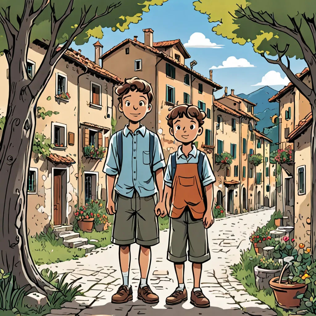 a couple of people standing on a street next to a tree and buildings in a town with a stone walkway, serial art, a storybook illustration, Brothers Hildebrandt, comic cover art