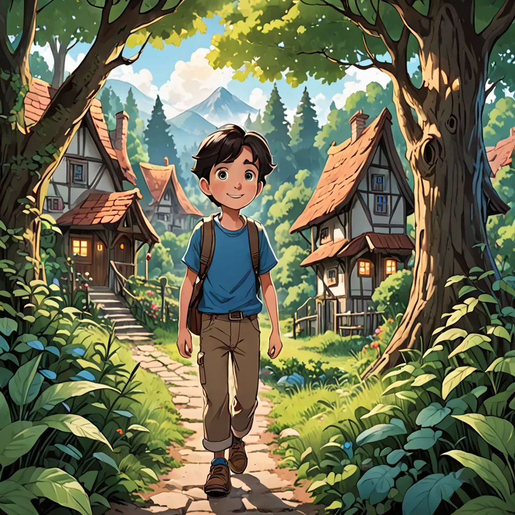 a boy walking down a path in a forest with houses on either side of him and a forest path leading to the house, fantasy art, a storybook illustration, Diego Gisbert Llorens, official art