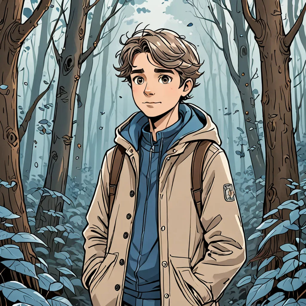 a man standing in a forest with trees and bushes behind him, wearing a jacket and jeans, and a blue shirt, serial art, a character portrait, Cedric Seaut (Keos Masons), graphic novel