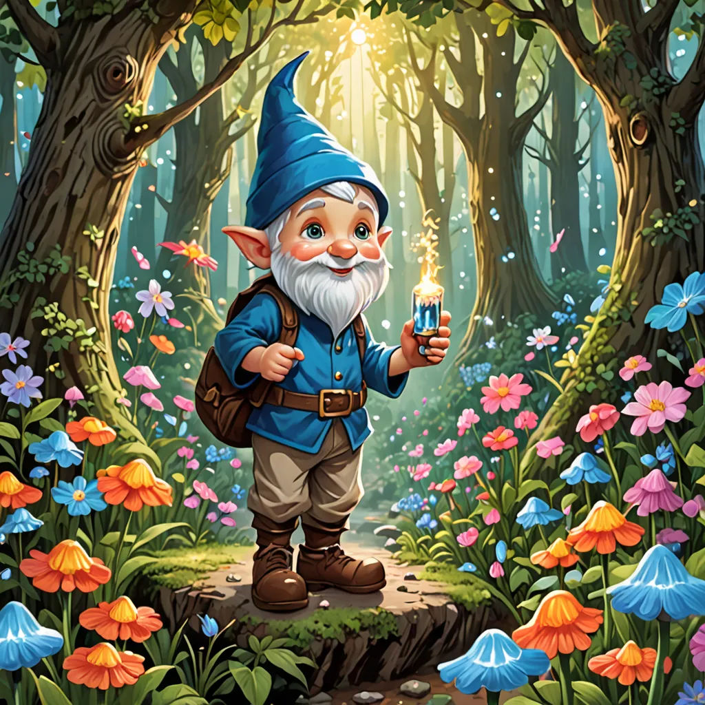 a cartoon gnome holding a candle in a forest with flowers and butterflies around him, in front of a bright light, fantasy art, a storybook illustration, ESAO, magic the gathering artwork