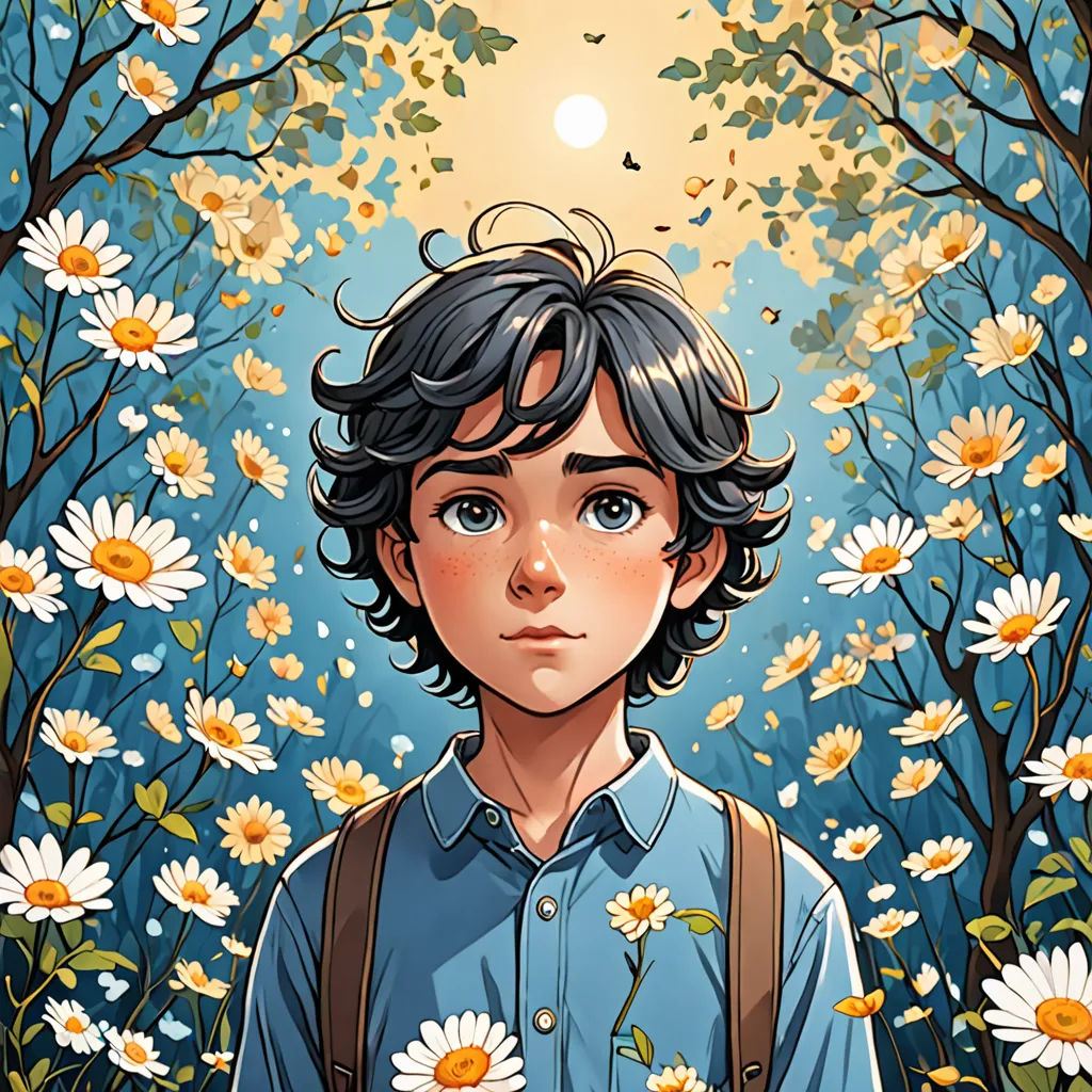 a boy with a backpack standing in a field of daisies with a sun in the background and trees, aestheticism, a character portrait, Diego Gisbert Llorens, rossdraws global illumination