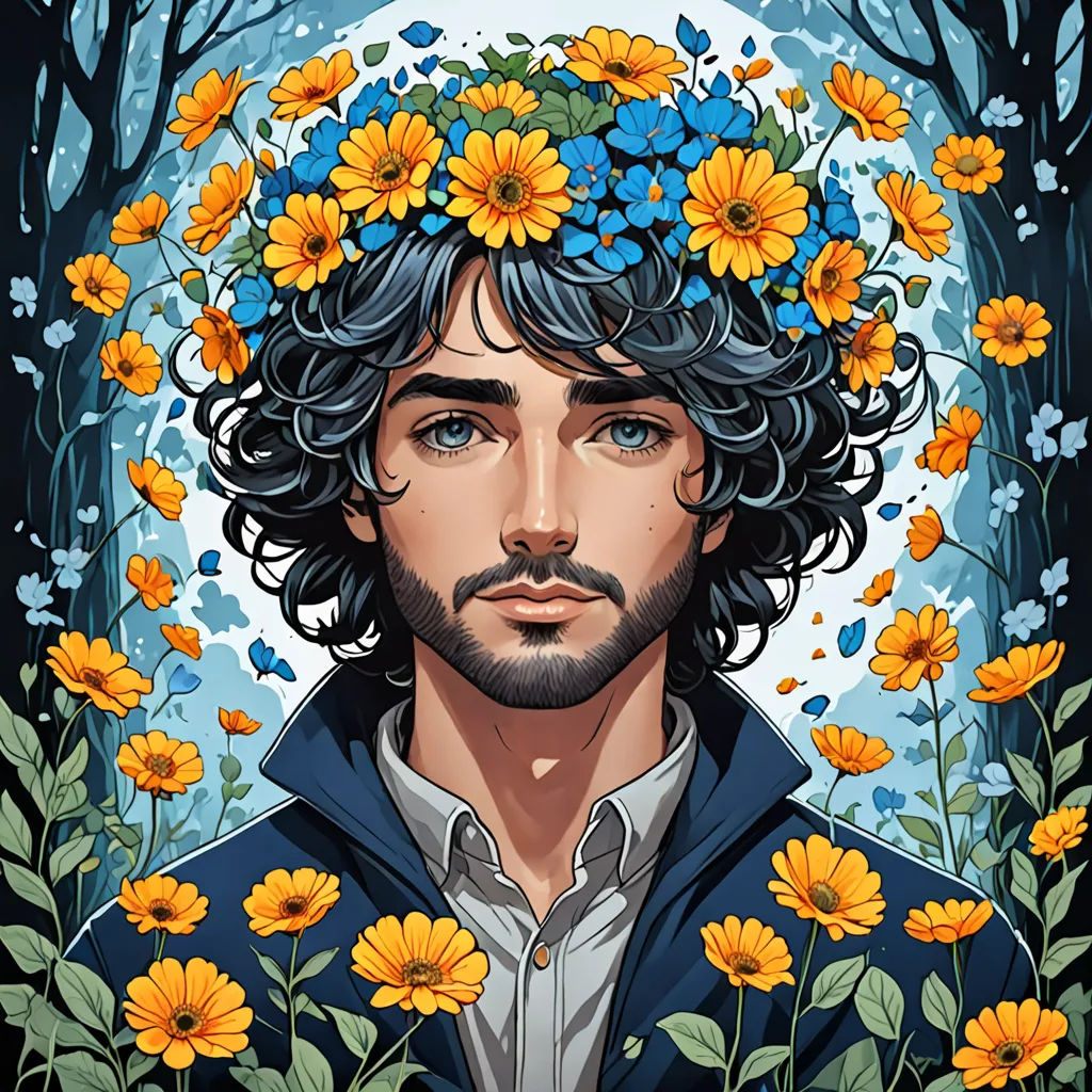 a man with a wreath of flowers on his head in a forest with flowers around his head and a full moon behind him, fantasy art, a character portrait, Conroy Maddox, trending on art station