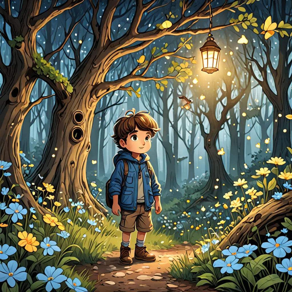 a boy standing in the middle of a forest with a lantern hanging from the tree trunk and a birdhouse in the background, fantasy art, a storybook illustration, Diego Gisbert Llorens, storybook illustration
