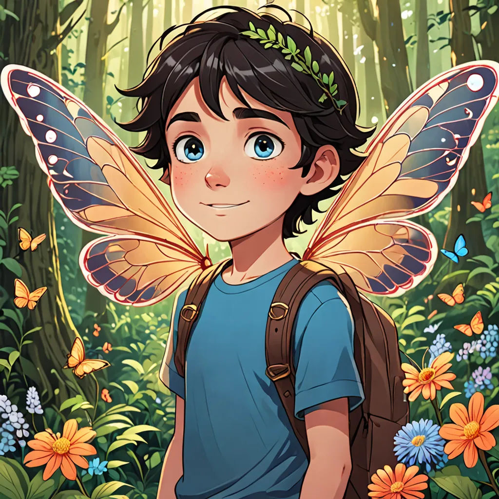 a boy with a butterfly wings on his head in a forest with flowers and butterflies around him, with a backpack on his shoulder, fantasy art, a character portrait, Cedric Seaut (Keos Masons), elysium