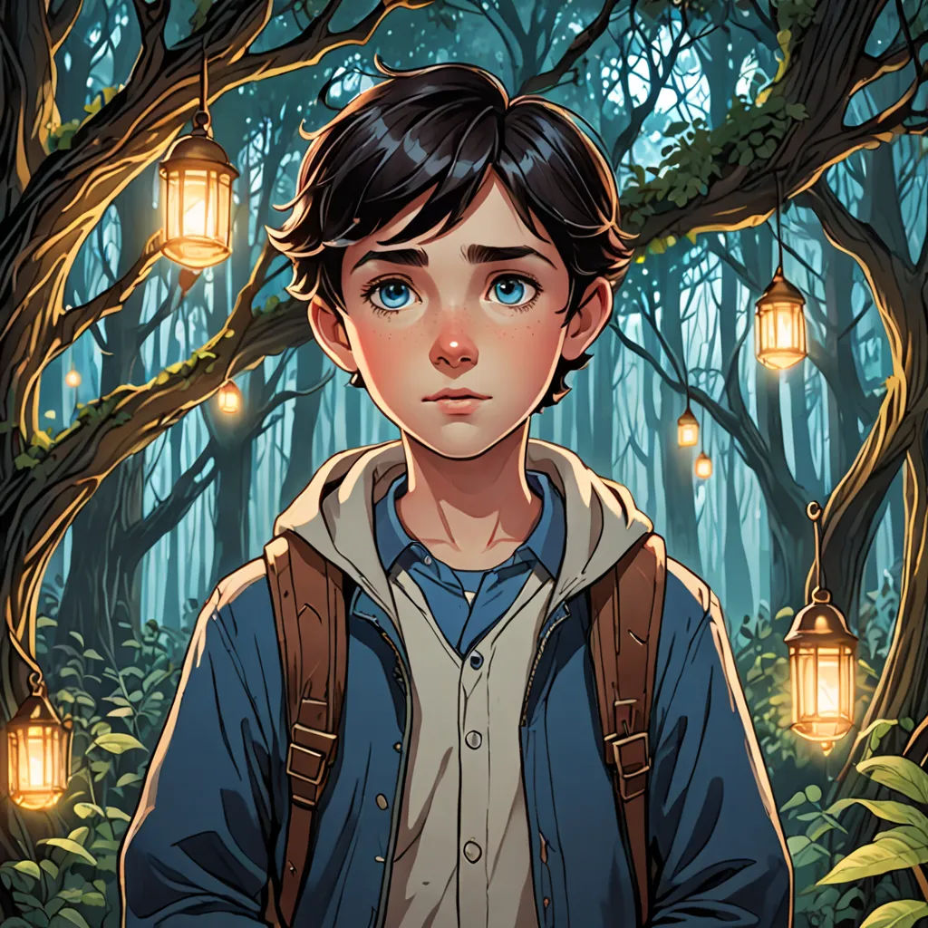 a boy with a backpack standing in a forest with lanterns hanging from the trees and a lantern light hanging from the tree, fantasy art, a character portrait, Aaron Jasinski, rossdraws global illumination