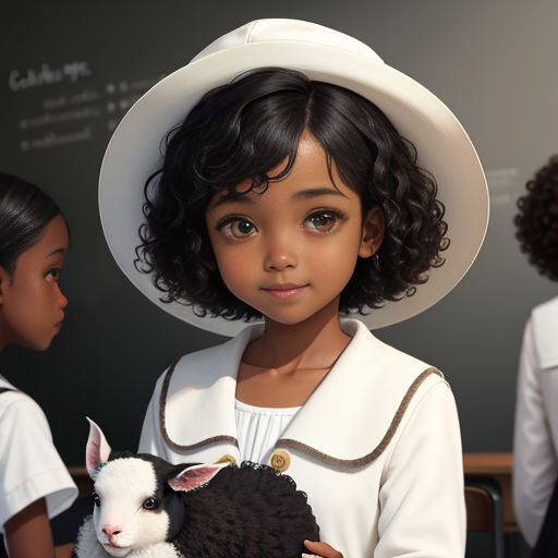 a young girl holding a black and white sheep in a classroom setting with other children in the background wearing white