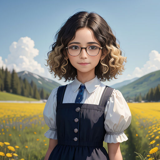 a painting of a girl in a field of flowers wearing glasses and a dress with a tie and a blue tie