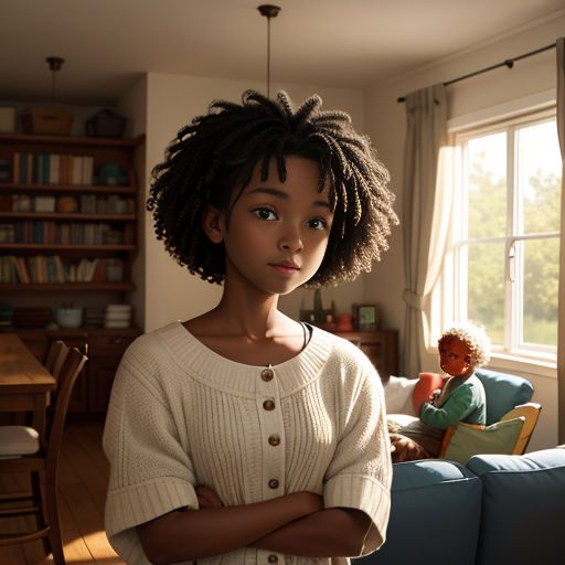 a young woman standing in a living room with her arms crossed and looking at the camera with a doll in the background