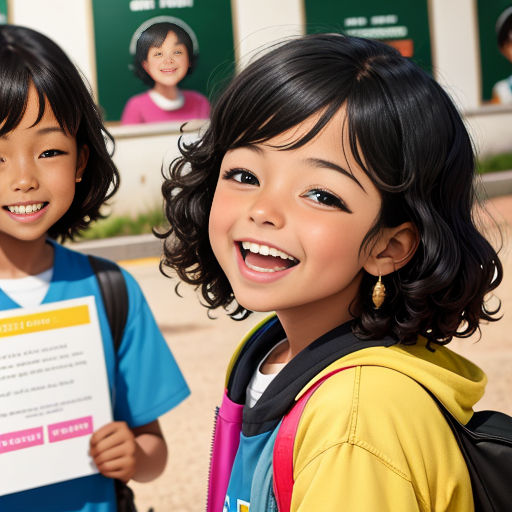two young children holding a paper with a picture of a woman and a boy behind them smiling at the camera