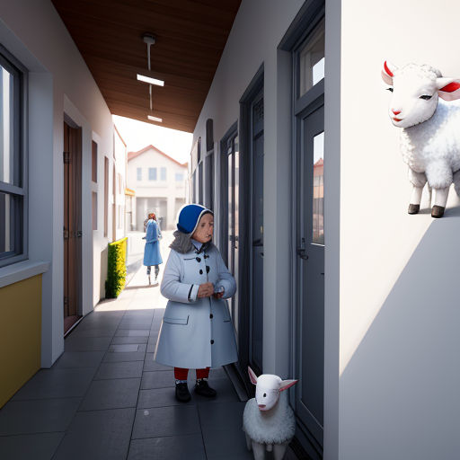 a little girl standing next to a white sheep on a hallway way next to a building with a door