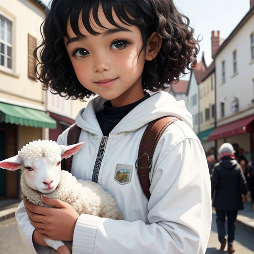 a young girl holding a sheep on a street corner in a town with people walking by and shops on the side of the road