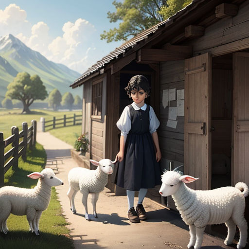 a little girl standing next to a group of sheep in a field next to a barn with mountains in the background