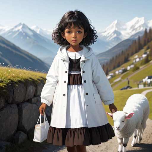 a little girl in a white coat and brown dress is walking with a sheep on a mountain road with snow capped mountains in the background