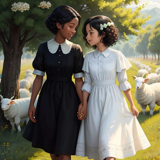 two young girls are walking in a field with sheep behind them, one of them is holding the hand of the other