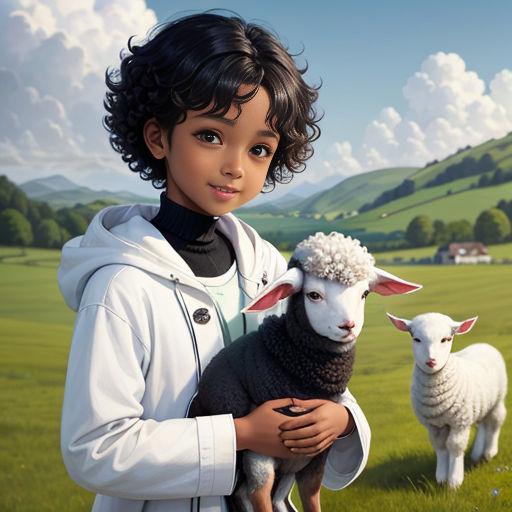 a painting of a boy holding a sheep in a field with a mountain in the background and clouds in the sky