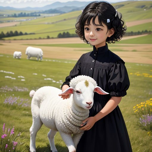 a young girl in a black dress holding a sheep in a field of flowers and grass with mountains in the background