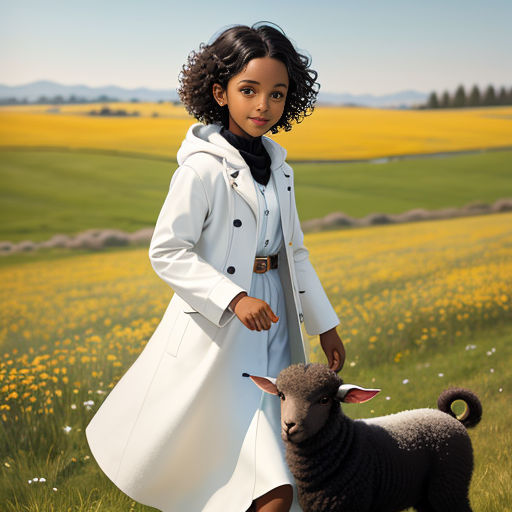 a young girl in a white coat and black sheep in a field of flowers and grass with a yellow flowered field behind her