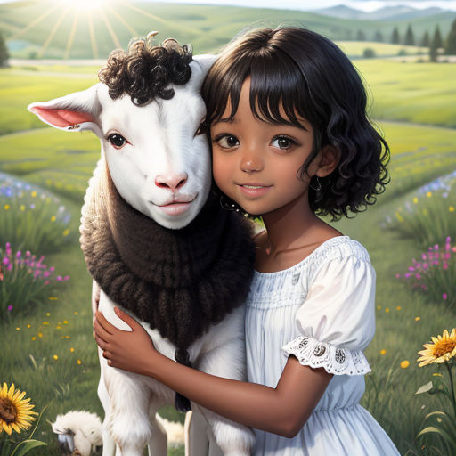 a painting of a girl holding a sheep in a field of flowers with a sun shining behind her and a field of flowers in the background