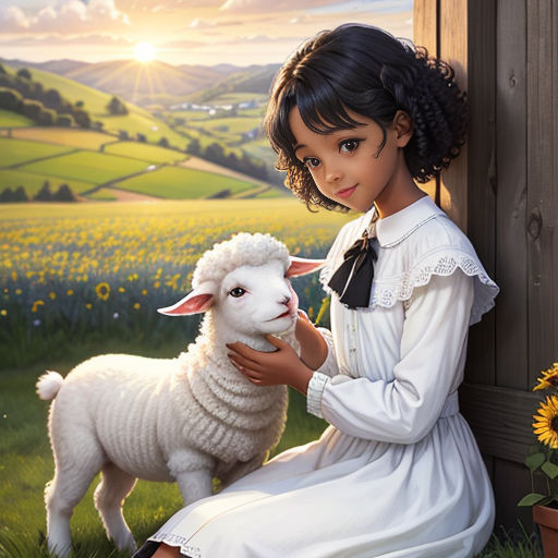 a painting of a girl holding a sheep in a field of sunflowers with a sun setting behind her