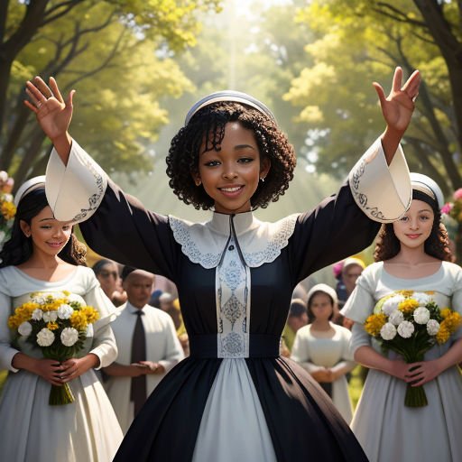 a woman in a dress with her arms outstretched in front of a group of people in dresses and hats