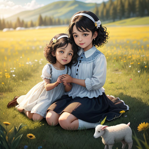 two little girls sitting on the grass with a sheep in the background and a mountain in the background, with a sunflower in the foreground