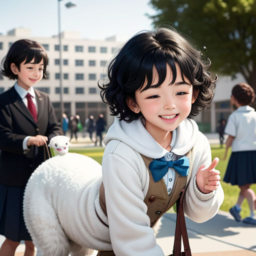 a little girl in a school uniform is holding a sheep and smiling at the camera while another girl in a suit and tie stands behind her