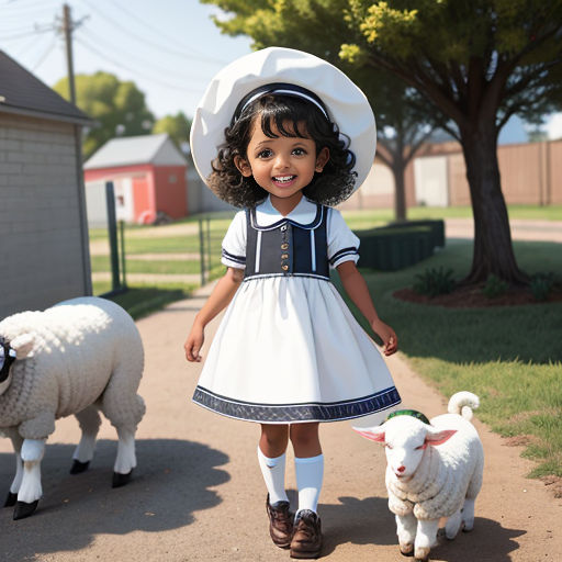 a little girl in a dress and hat walking a sheep down a street with a fake sheep on the sidewalk