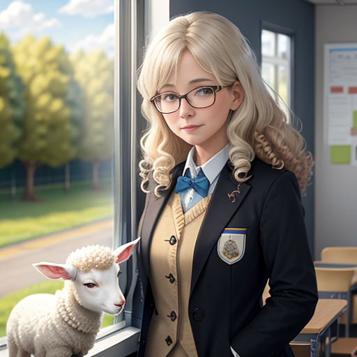 a woman in a school uniform standing next to a sheep looking out a window at a field and trees