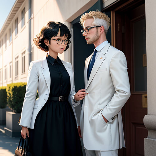a man and a woman dressed in white standing outside a building together, both wearing glasses and a black dress
