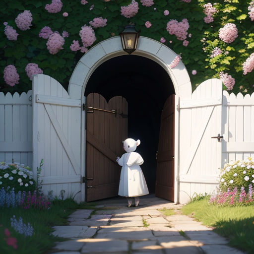 a person in a white dress standing in a doorway with a teddy bear in it's arms and a light on