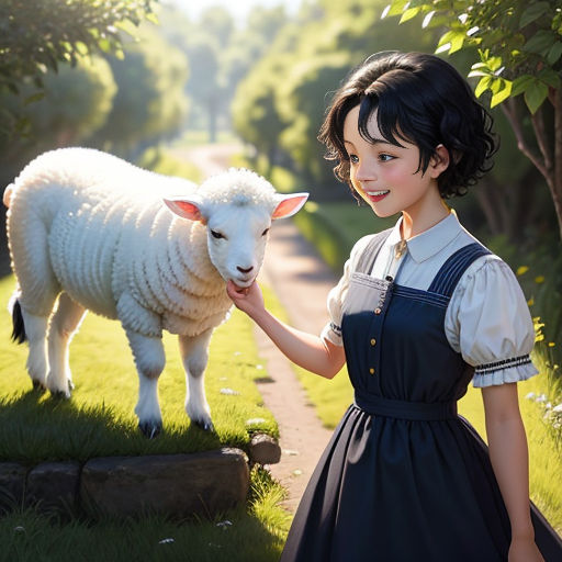 a young girl petting a sheep on the side of a road in a field of grass and trees