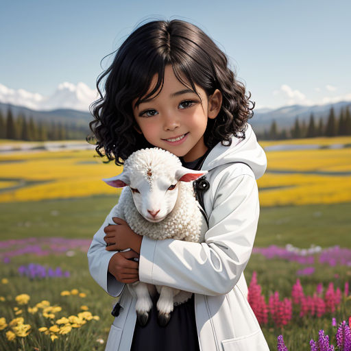 a little girl holding a sheep in a field of flowers and grass with mountains in the background and blue sky