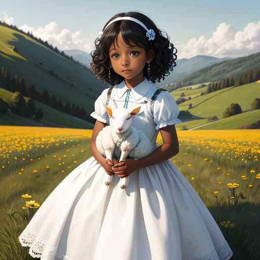 a painting of a little girl holding a sheep in a field of flowers with mountains in the background and clouds in the sky