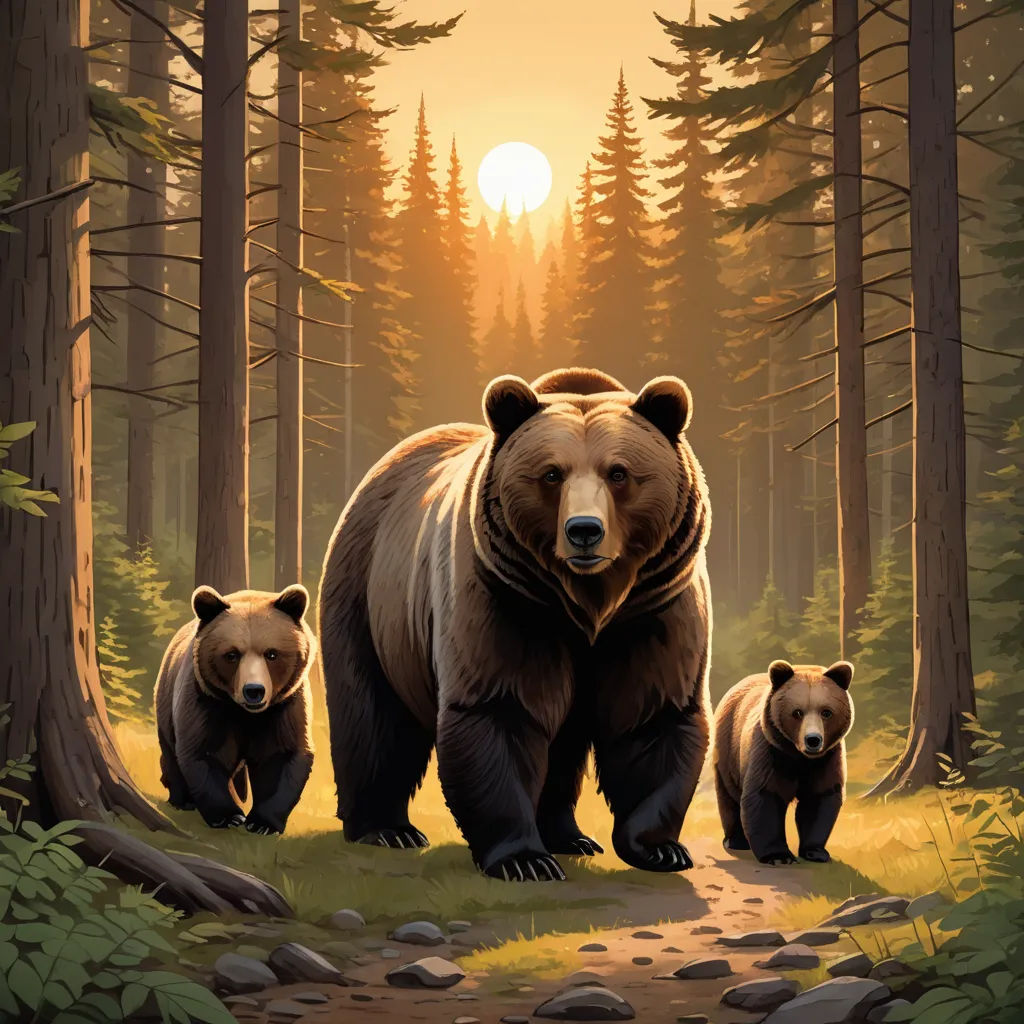 a painting of two bears and a bear cub in the woods at sunset with the sun setting behind them, furry art, a storybook illustration, Dan Mumford, official art