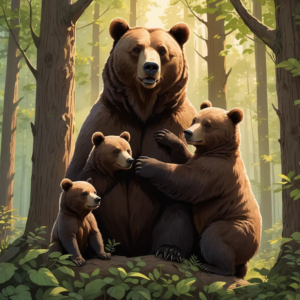 a bear family sitting in the woods with their two cubs on their back legs, with the mother bear holding the cub's back, furry art, a storybook illustration, Chris LaBrooy, official art