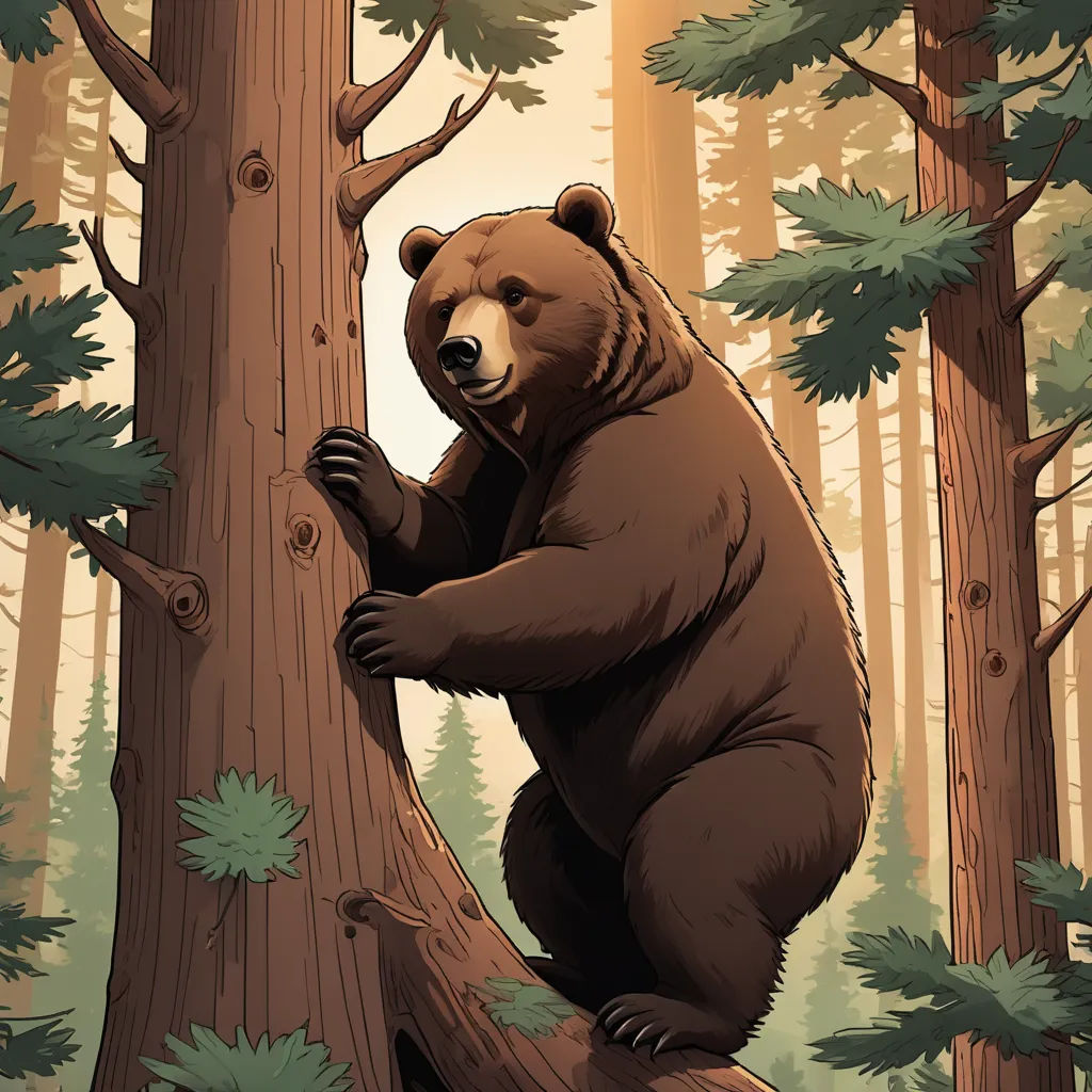 a bear is climbing a tree in the forest with a bear cub on it's back legs and paws, furry art, a storybook illustration, Dan Mumford, official art