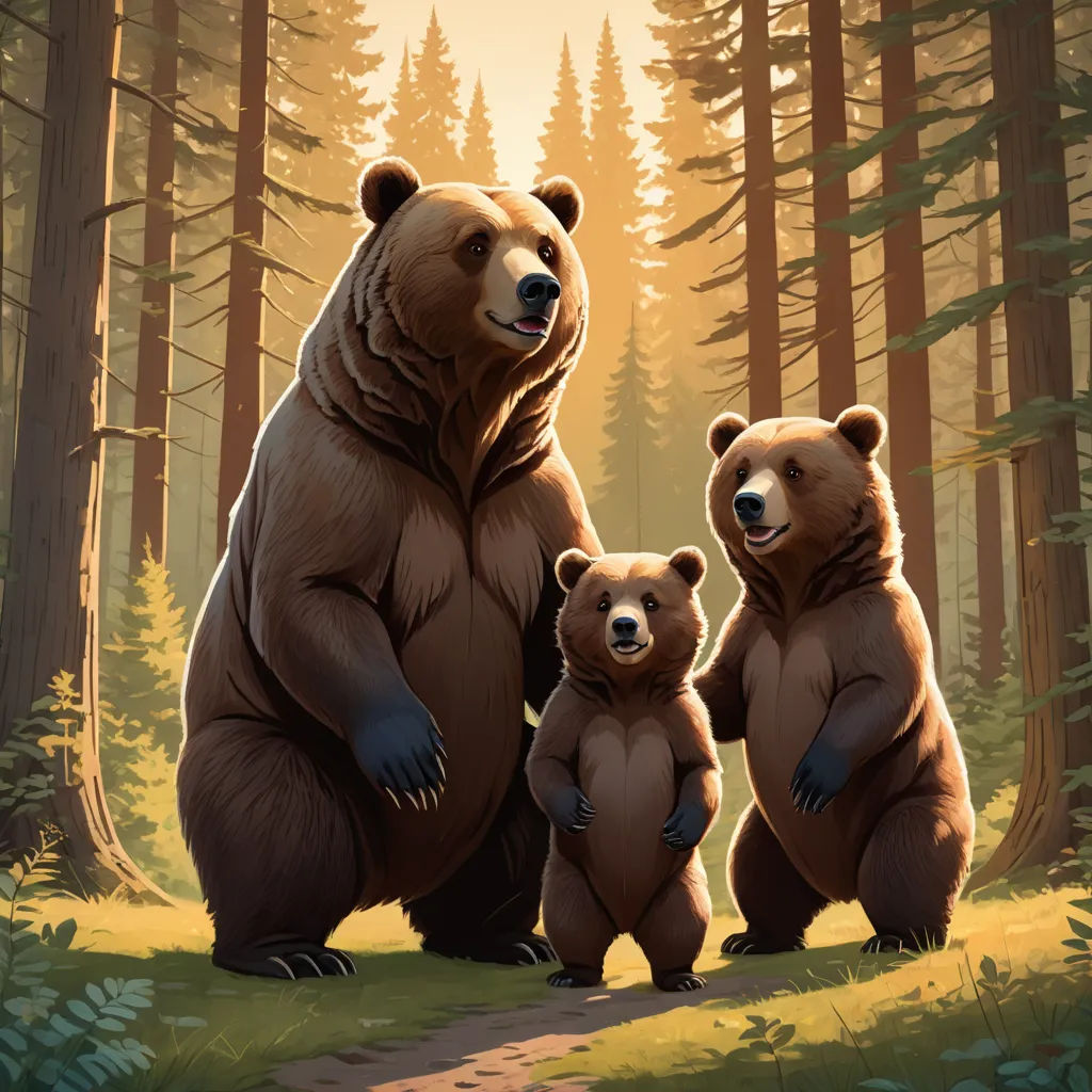 a bear family standing in the woods with their baby bear on their back legs and the adult bear on their back, furry art, a storybook illustration, Dan Mumford, official art