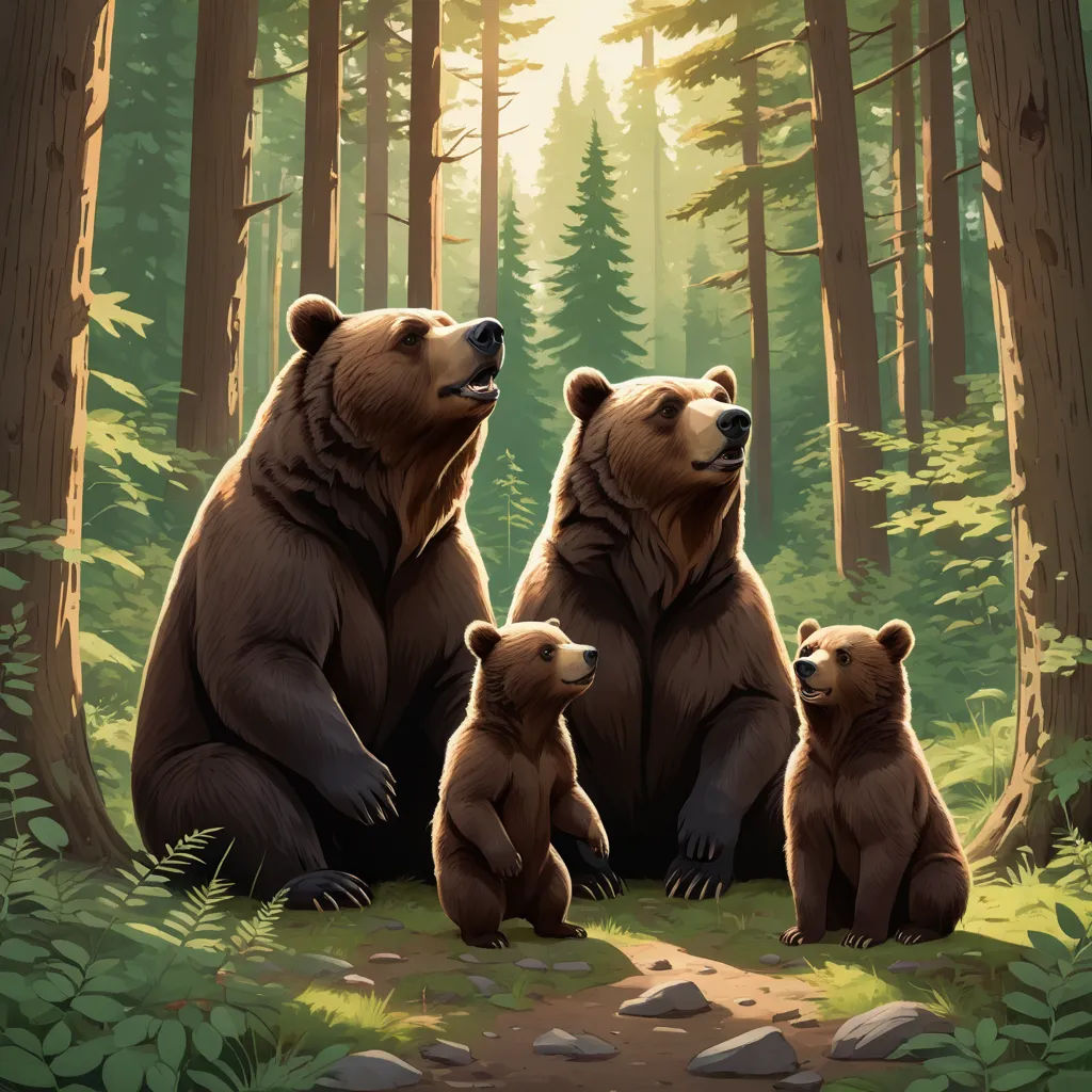 a painting of three bears in a forest with rocks and trees in the background, with the sun shining through the trees, furry art, a storybook illustration, Dan Mumford, official art