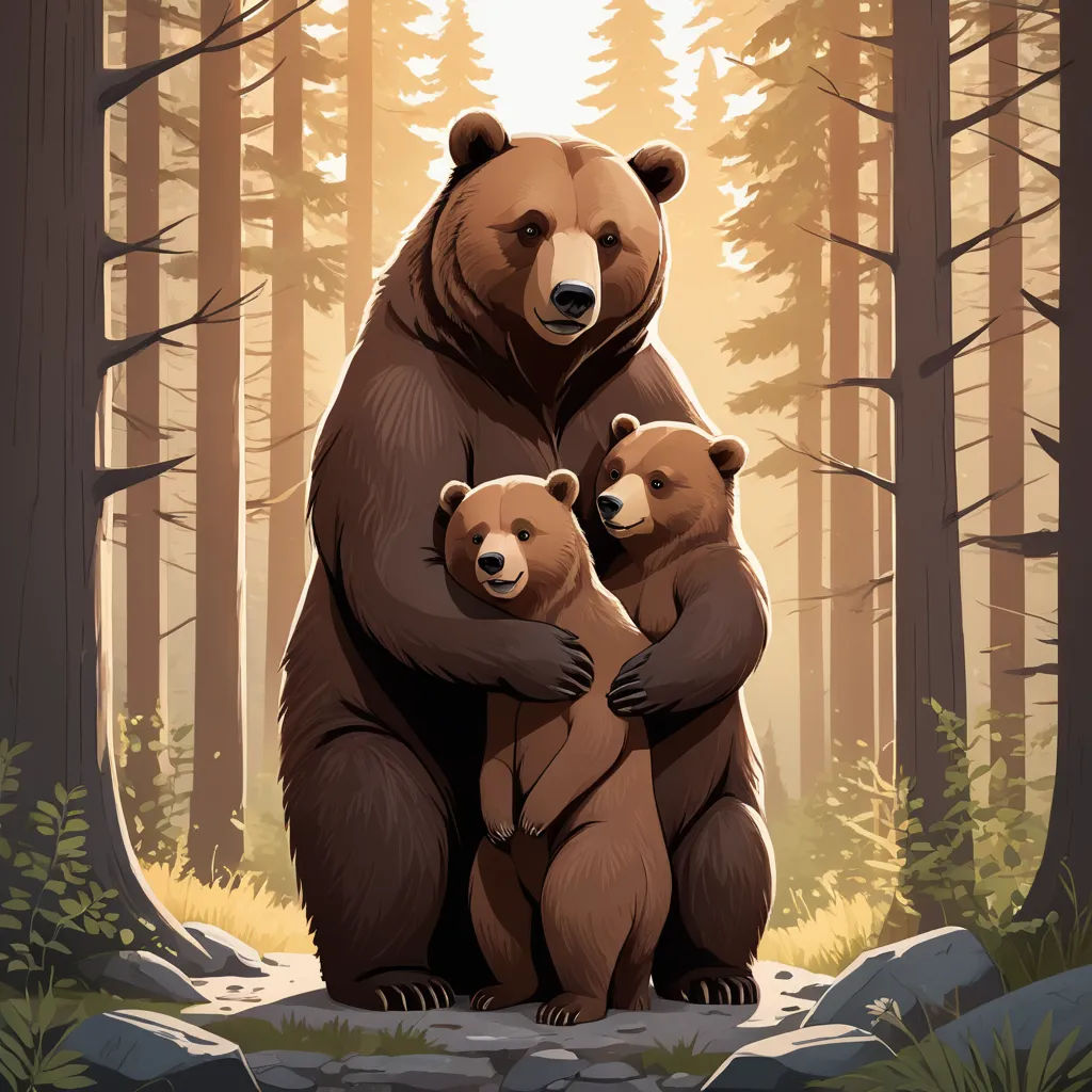 a bear and her cub are standing in the woods together, with the sun shining through the trees behind them, furry art, a storybook illustration, Dan Mumford, game art