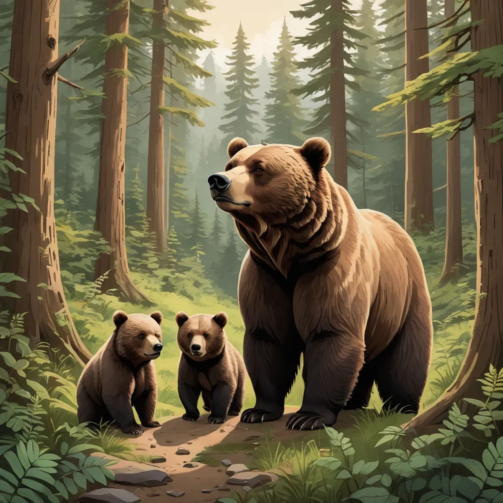 a bear and two cubs in a forest scene with trees and rocks and rocks on the ground and a path leading to the bear's head, furry art, a storybook illustration, Dan Mumford, official art