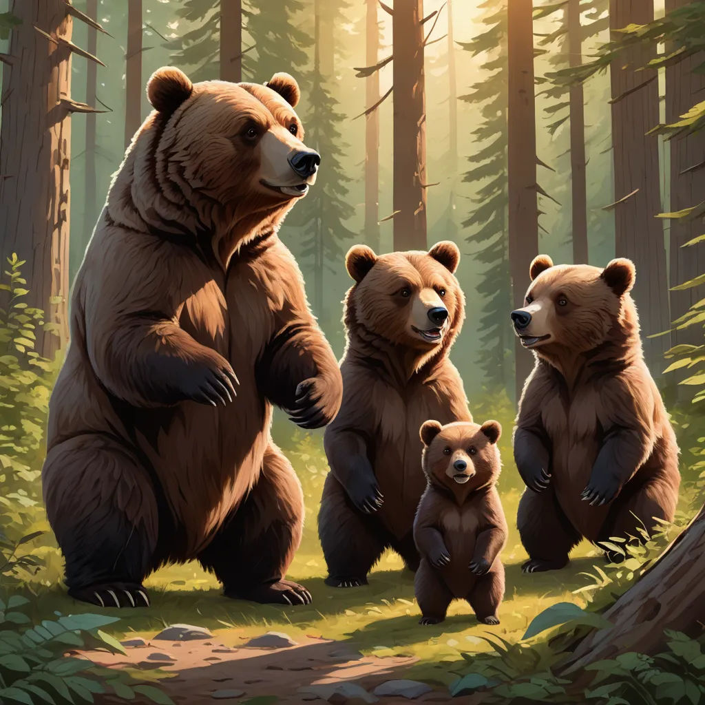 a painting of three bears standing in the woods with their babies in their arms and their mother behind them, furry art, a storybook illustration, Chris LaBrooy, official art