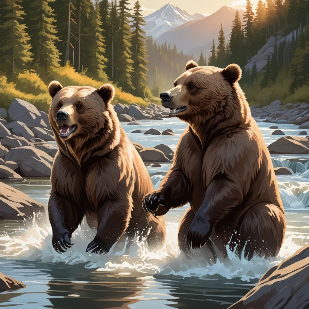 two bears are walking through a river together in the wilderness, with mountains in the background and trees in the foreground, furry art, a storybook illustration, Dan Mumford, official art