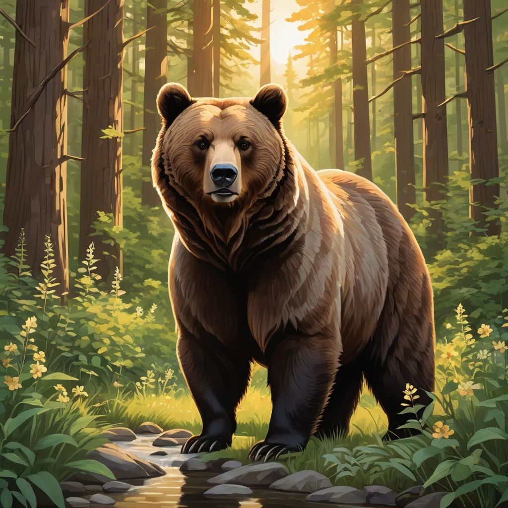 a bear standing in a forest next to a stream of water and trees with a sun shining through the trees, furry art, a storybook illustration, Dan Mumford, official art