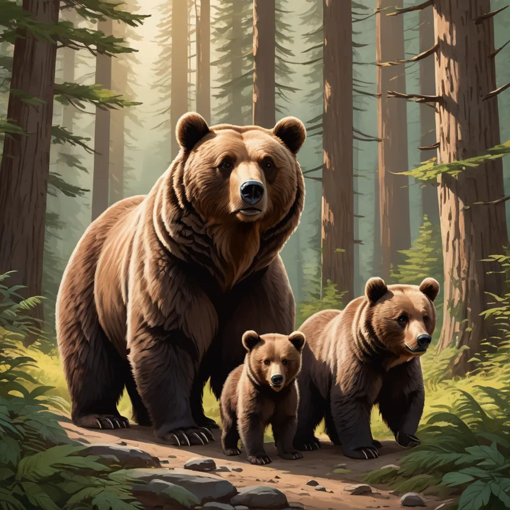 a bear and two cubs walking in a forest with rocks and trees in the background, with sunlight shining through the trees, furry art, an oil painting, Dan Mumford, magic the gathering artwork