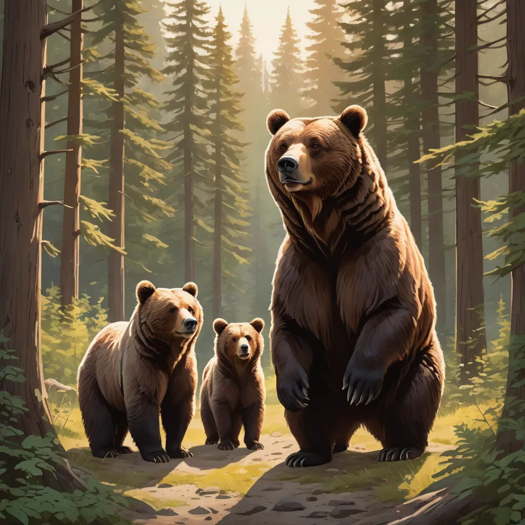 a painting of a bear and two cubs in a forest setting with trees and grass and rocks, and a path leading to the bear, furry art, concept art, Chris LaBrooy, official art