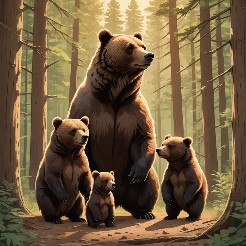 a bear family standing in the woods with their cubs on a path to the woods, with the mother bear standing behind them, furry art, a storybook illustration, Dan Mumford, official art